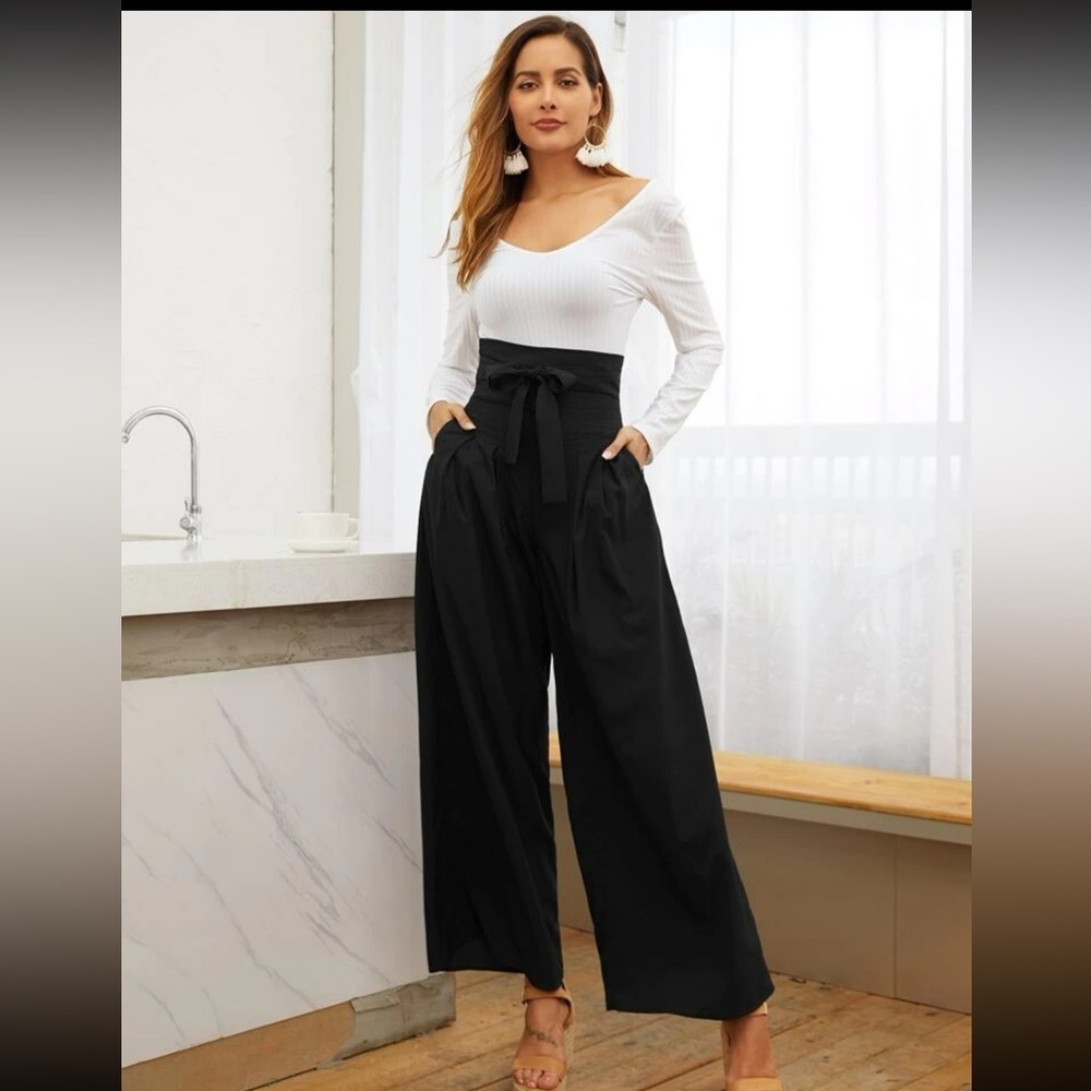 SHEIN Unity Pocket Side Wide Leg Self Tie Pants